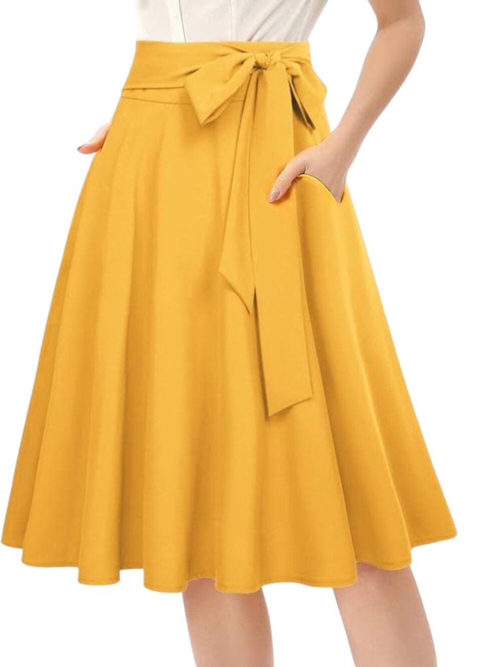 Belle Poque High-Waisted A-Line Midi Skirt with Pockets & Sash Belt